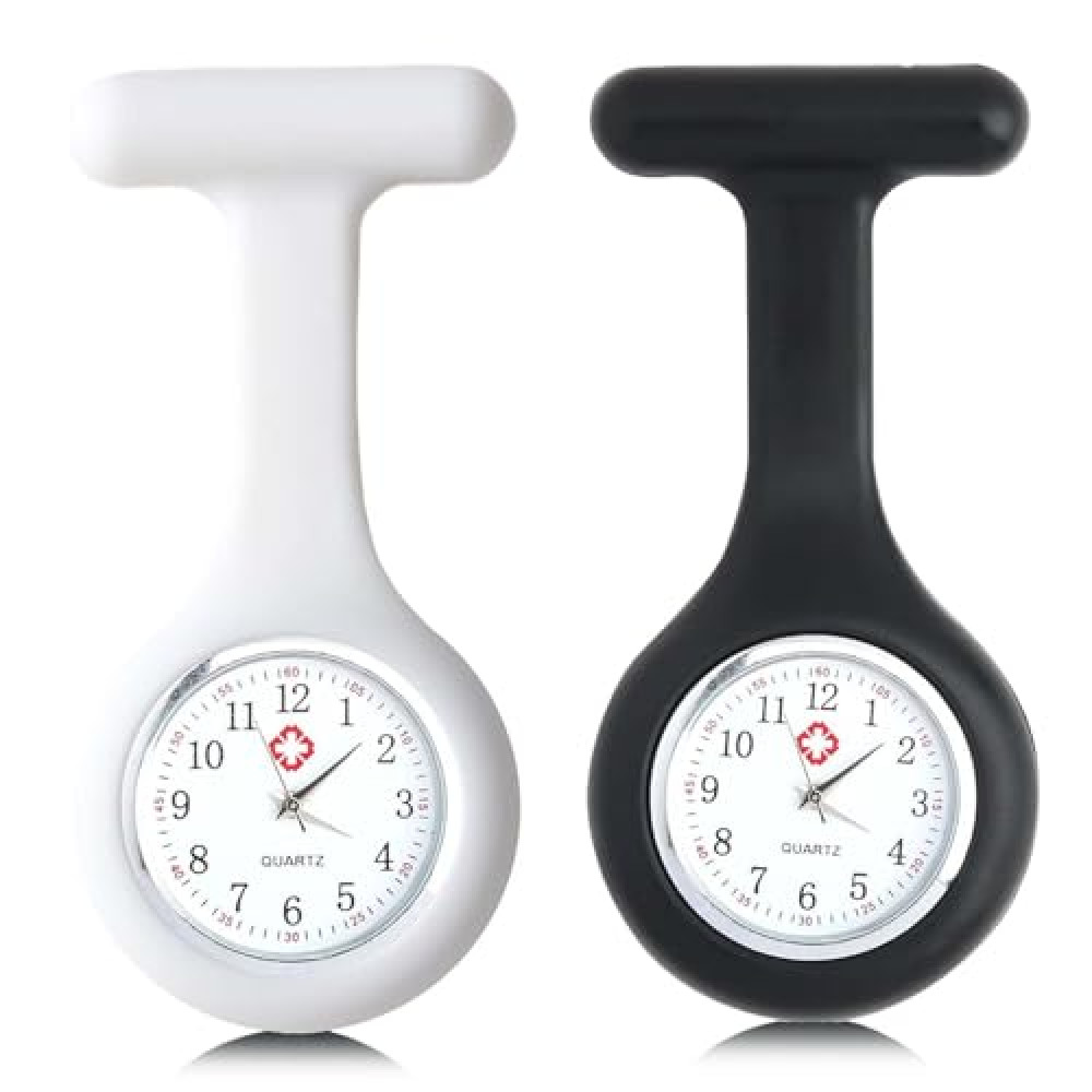 FANGWSSIBEI Set of 2 Silicone Nurse Watch Brooch, Infection Control Design, Fob Watch for Health Care Nurses, Doctors & Paramedics, Easy-to-Read Timepiece Pocket Clock (Black&White)