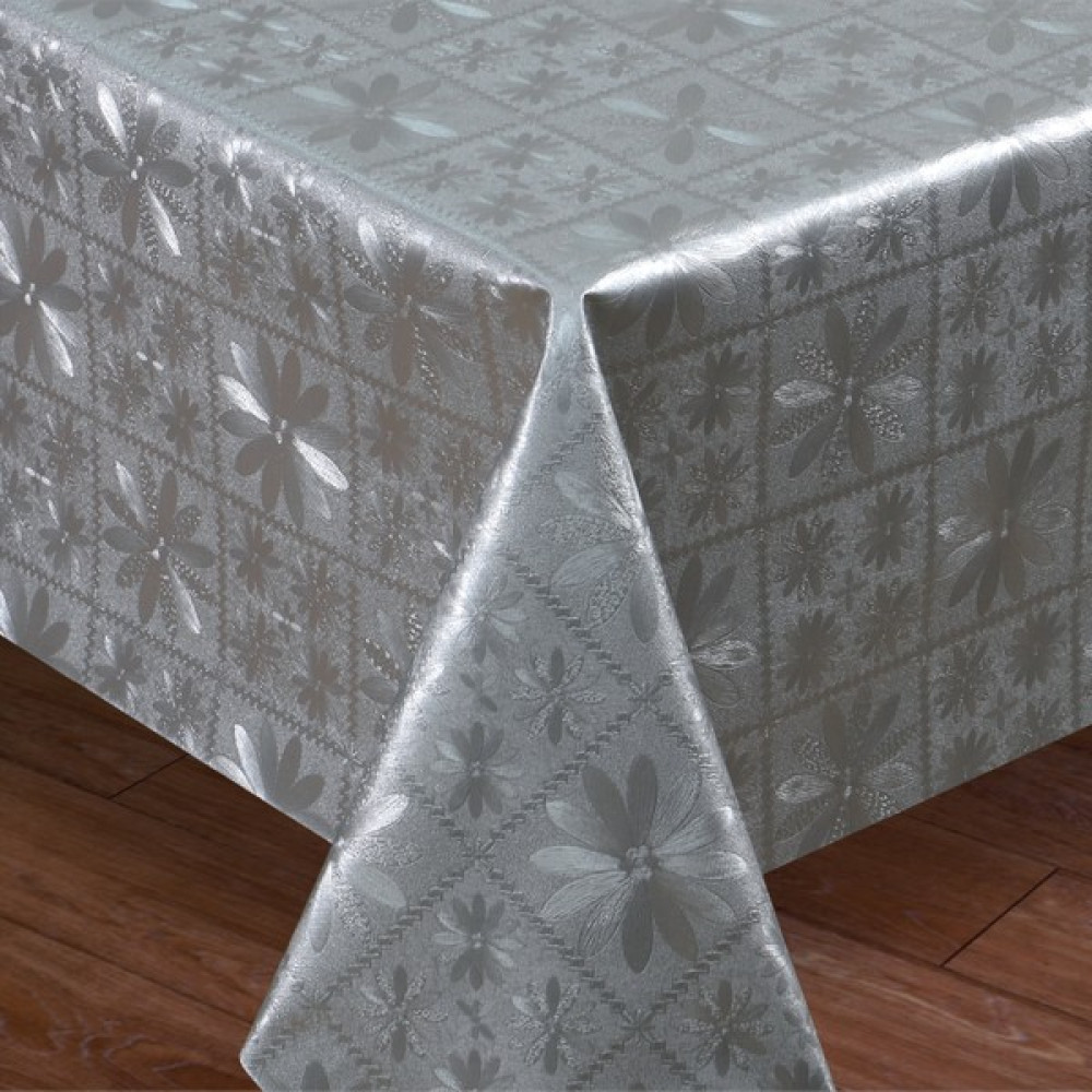 Fantastik Elyaf Astarlı Pvc Masa Örtüsü Silinebilir Sıvı Geçirmez Leke Tutmaz Çiçekli Gümüş Gri - 140 x 140 cm Masa Örtüsü Fiyatı