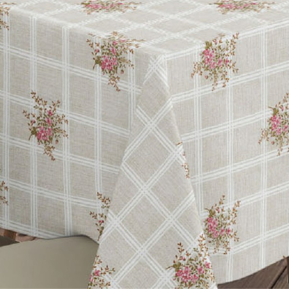 Fantastik Elyaf Astarlı Pvc Masa Örtüsü Silinebilir Sıvı Geçirmez Leke Tutmaz Ekose Çiçekli Krem - 140 x 140 cm Masa Örtüsü Fiyatı