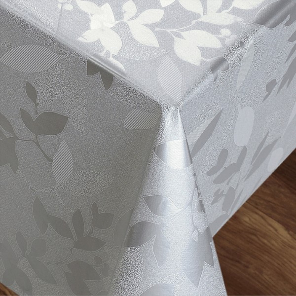 Fantastik Elyaf Astarlı Pvc Masa Örtüsü Silinebilir Sıvı Geçirmez Leke Tutmaz Yaprak Kabartma Desenli Gümüş Gri - Açık Gri - 140 x 140 cm Masa Örtüsü Fiyatı