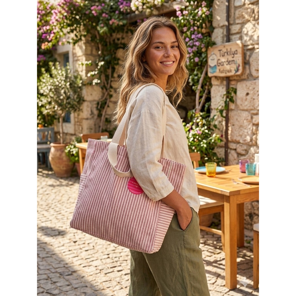 Faralya Life %70 Pamuk %30 Polyester Çift Saplı İnce Çizgili 50*42 Ölçüde Hafif Çok Amaçlı Plaj Çanta Bayan Plaj Çantası Fiyatı
