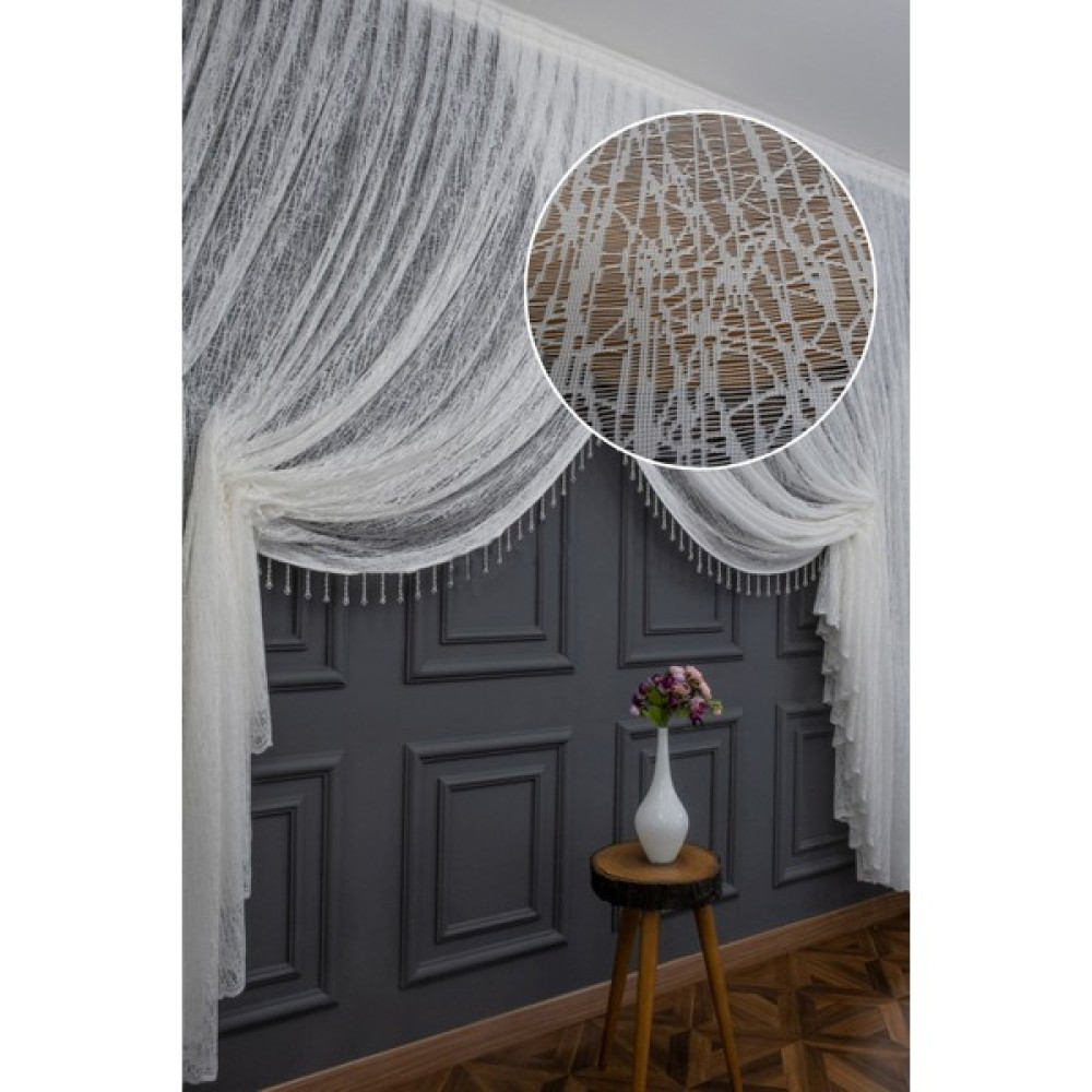 Farbateks Kruvaze Yanki Model Camkırık Tül Kristal Boncuklu Mekanizmalı 1E3KAT Pile Tül Perde - 180 x 250 cm - Beyaz Tül Perde Fiyatı