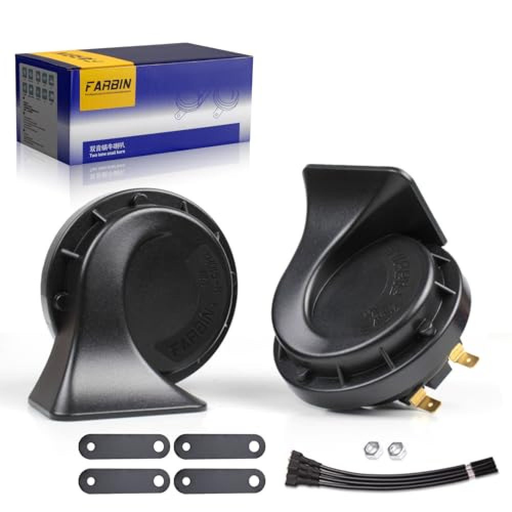 FARBIN Car Horn 12V Compact Motorcycle Horn Super Loud High Low Daul Tone Waterproof Snail Horn for Trucks Trains Cars Pickup Lorries (Black)