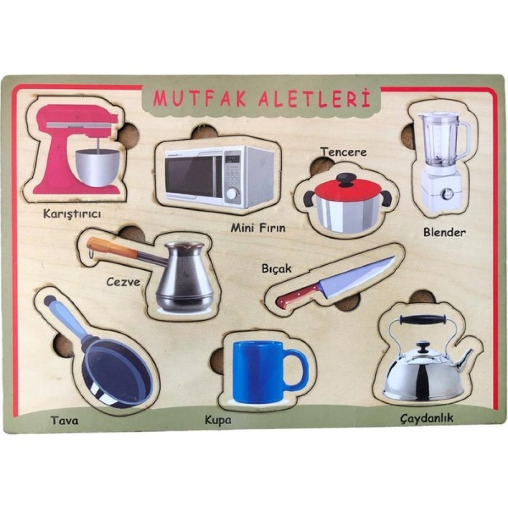 Farbu Oyuncak Ahşap Bultak Puzzle 9 Parça Arka Yüzü Yazı Tahtalı Yapboz Mutfak Aletleri - Renkli Puzzle & Aksesuarları Fiyatı