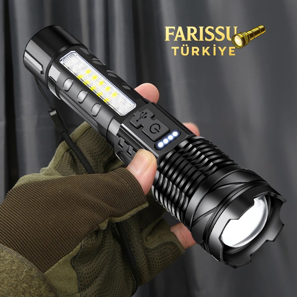 farissu 2500 Lümen Şarjlı Taktik LED El Feneri – 7 Modlu, Zoom Özellikli, Cob Yan Işıklı + Özel Kılıf Hediyeli Diğer Fiyatı