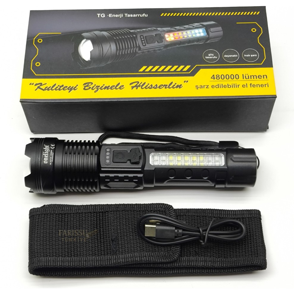 farissu Şarj Edilebilir Zoomlu El Feneri - 3000 Lümen - 1000 Metre Menzil - 7 Modlu Type-C Girişli Flashlight Bilgisayar Çevirici ve Adaptörü Fiyatı