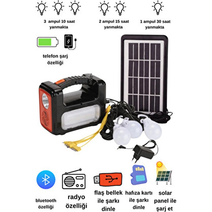 farissu Solar Panelli Radyolu Bluetooth ve MP3 Özellikli Metal Fener Kamp Lambası - Siyah Diğer Fiyatı