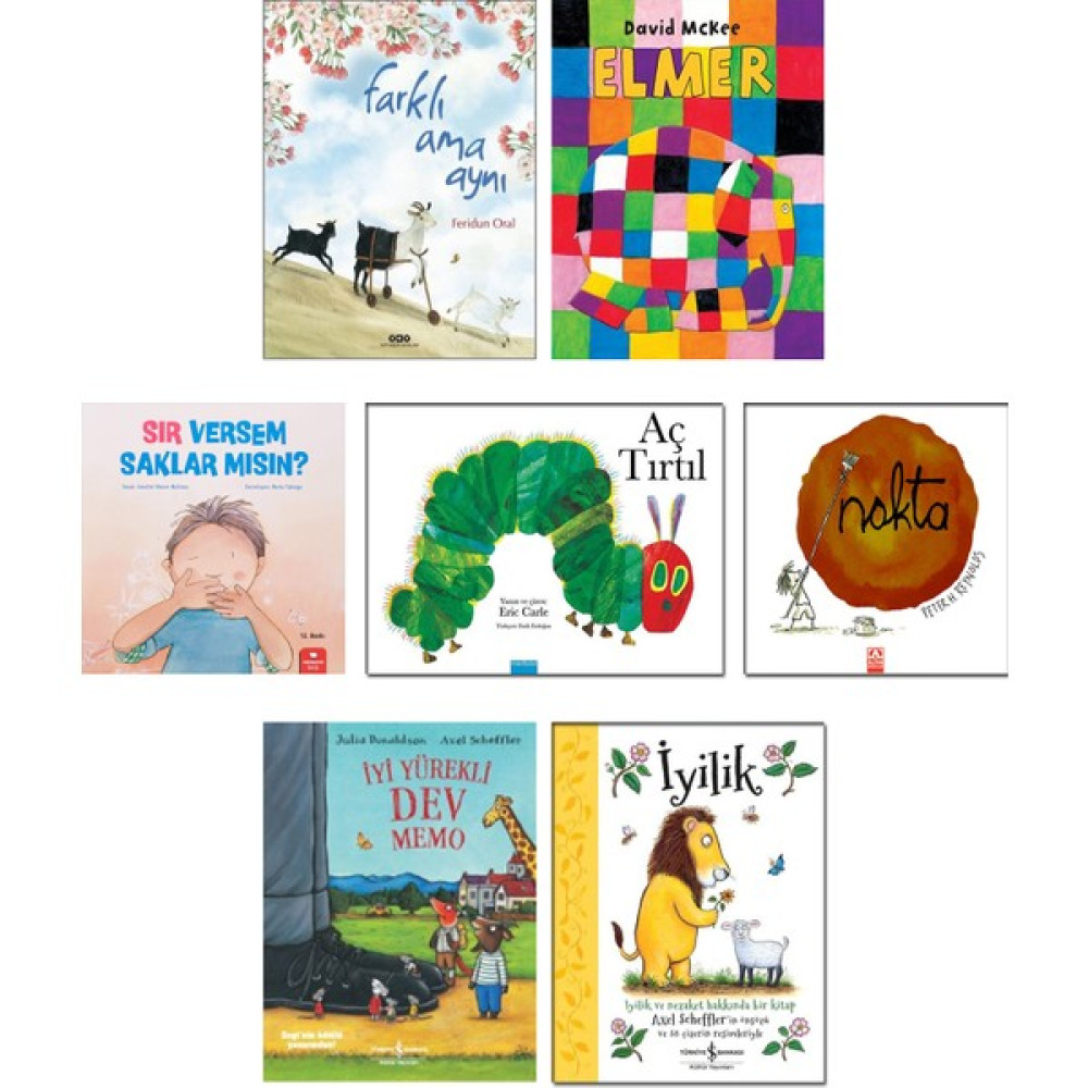 Farklı Ama Aynı (Feridun Oral) + Elmer + Sır Versem Saklar Mısın? + Aç Tırtıl (Eric Carle) + Nokta (Peter Reynolds) + İyi Yürekli Dev Memo + İyilik... Çocuk Masal Fiyatı