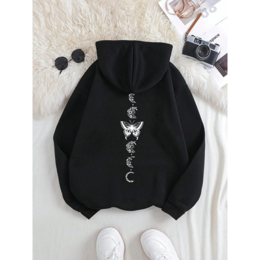 Fasel "çiçek, Kelebek ve Ay Dede" Baskılı Unisex Kapüşonlu Hoodie Bayan Sweatshirt Fiyatı