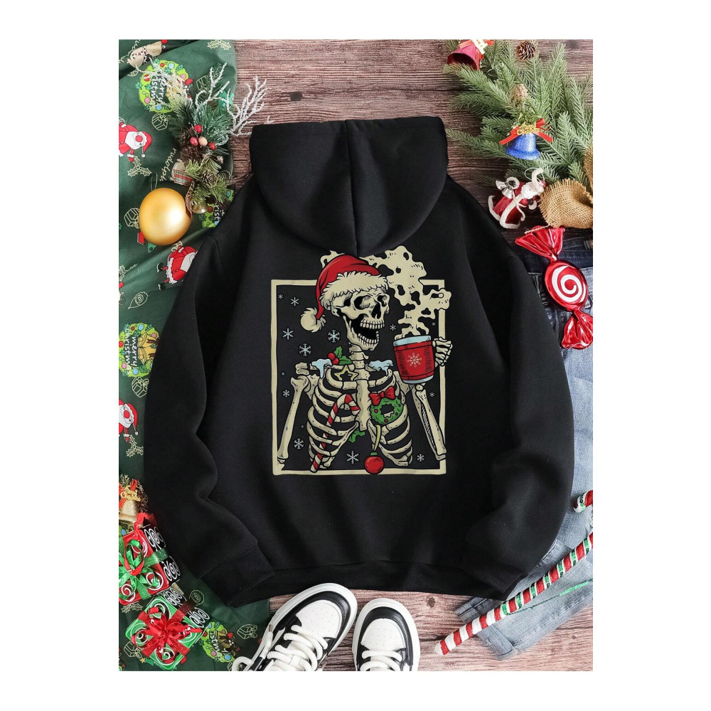 Fasel "Yılbaşı Eğlencesi: Yeni Yıl Kutlayan İskelet Baskılı Unisex Kapüşonlu Sweatshirt" L Beden Bayan Sweatshirt Fiyatı