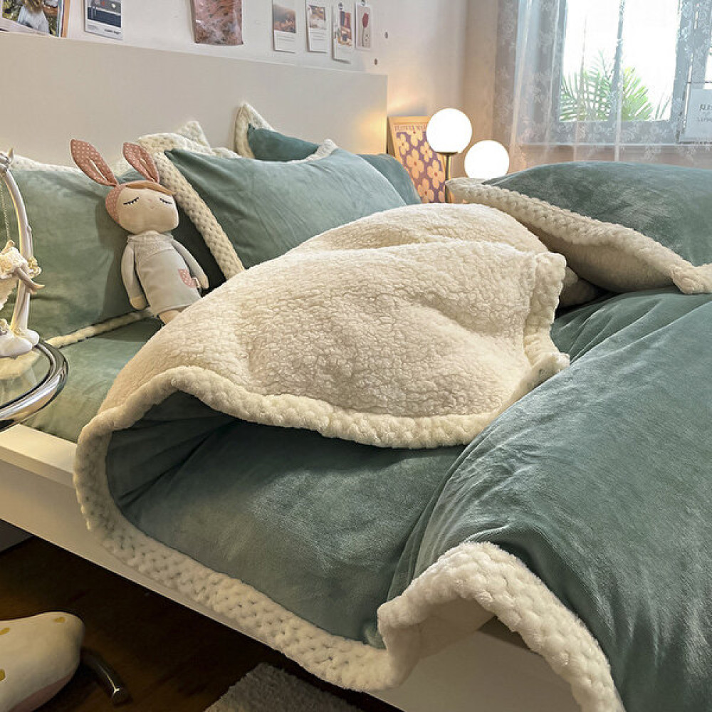 Fashion Boutique Kalınlaştırılmış Süt Polar Yatak Dört Parçalı Set Kuzu Yünü Ekose Nevresim (Yurt Dışından) - 200cm - Açık Yeşil Çarşaf Fiyatı