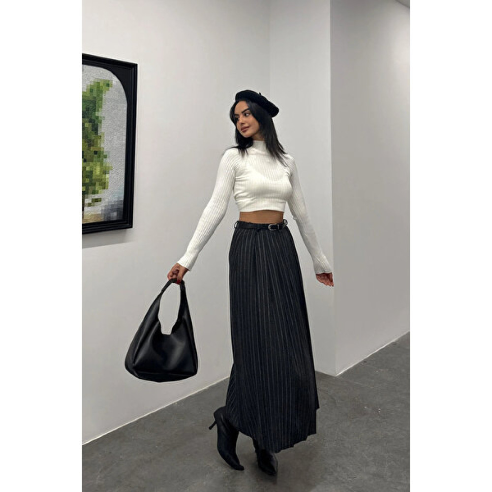 Fashionmall Çizgili Pileli Kemer Detaylı Etek Antrasit Uzun Etek Fiyatı