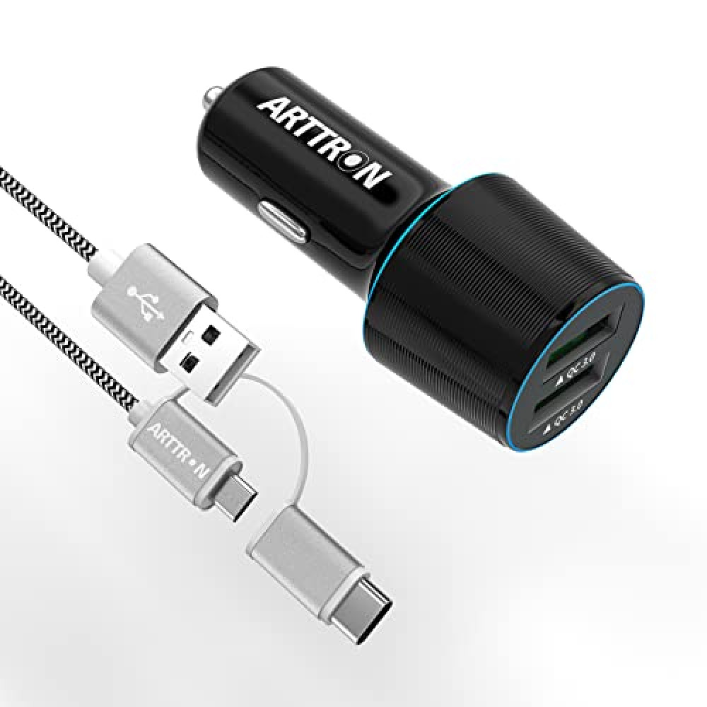 Fast USB Car Charger, Arttron Quick Charge 3.0 24W 4.8A Car Charger Adapter. with 3ft USB Type C &Micro 2 in 1 Fast Charging Cable,for iPhone/Samsung S24/S23/S22/S22+/Ultra/S21/Note 9/S10/
