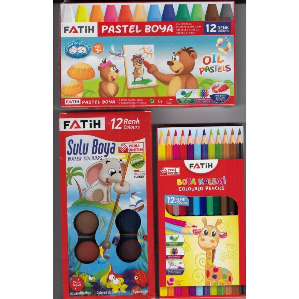 Fatih Pastel 12^li+sulu Boya 12^li+kuru Boya12^li Set 3 Birarda Okul Malzemeleri Fiyatı