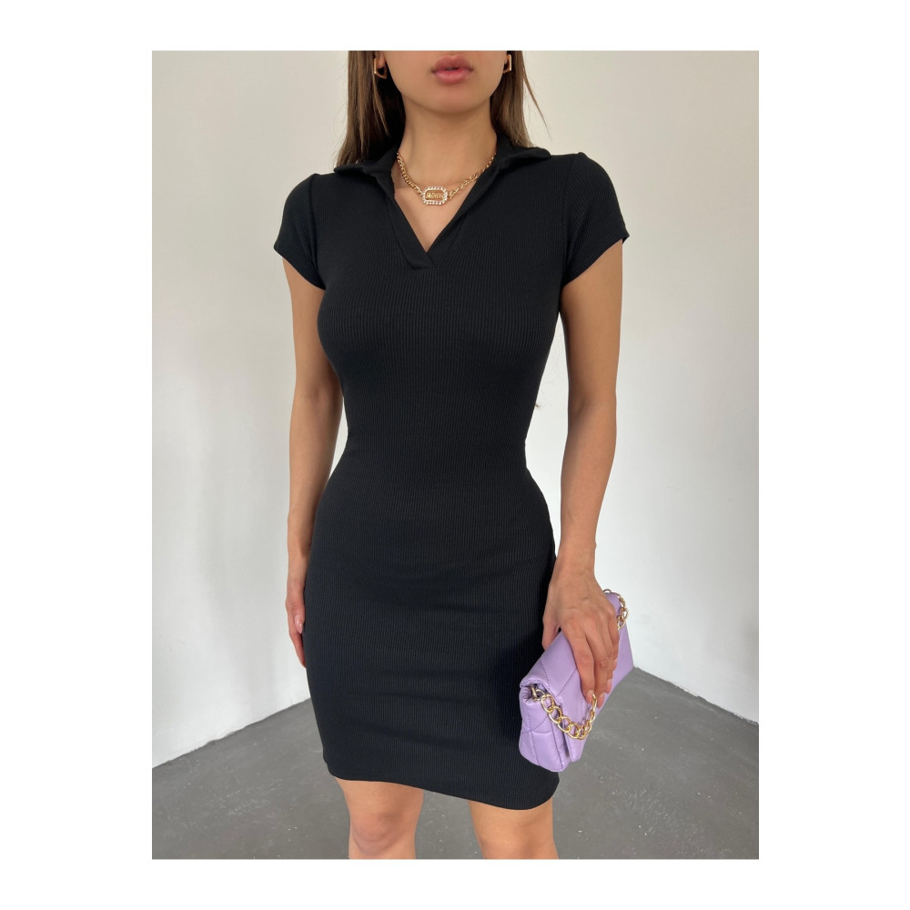 Fav Style Kadın Polo Yaka Kısa Kollu Kaşkorse Kısa Elbise Siyah L Beden Elbise Fiyatı