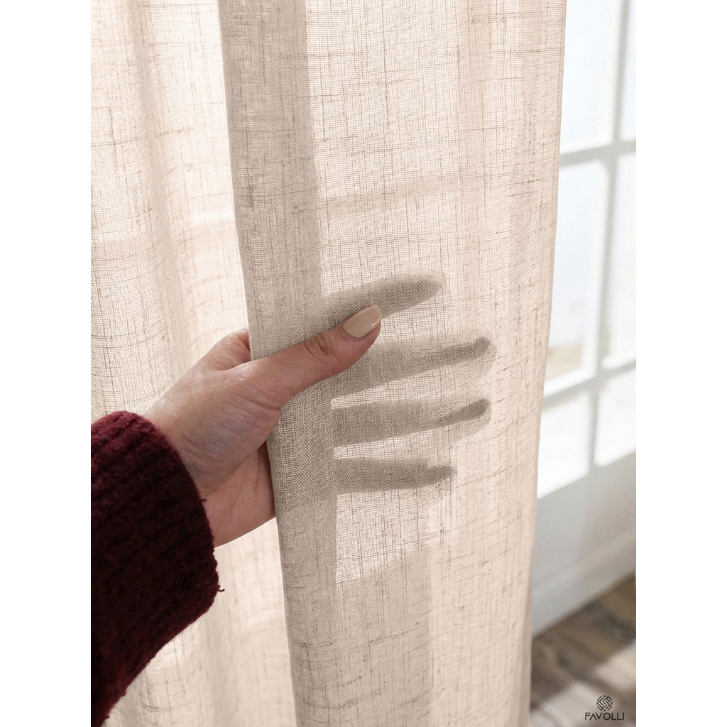 Favolli Hasır Rengi Keten Dokulu 1/3 Sık Pileli Zarif Tül Perde | Ütü Istemez | En Çok Satan Tül Perde - 350 x 250 cm Tül Perde Fiyatı