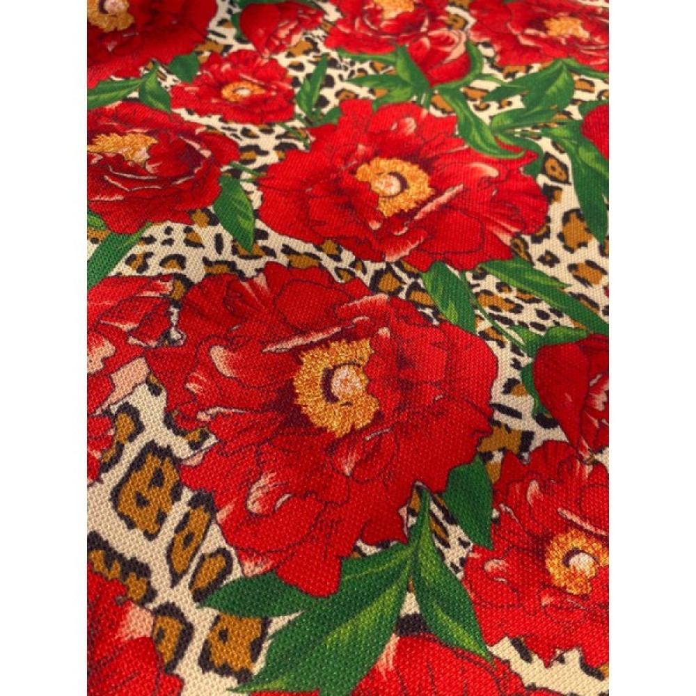 Favor Kumaş Leopar Zeminli Kırmızı Çiçek Desenli Dijital Baskılı Kumaş FVR-1613 - 140 cm - 1 m - Renkli Kumaşlar Fiyatı