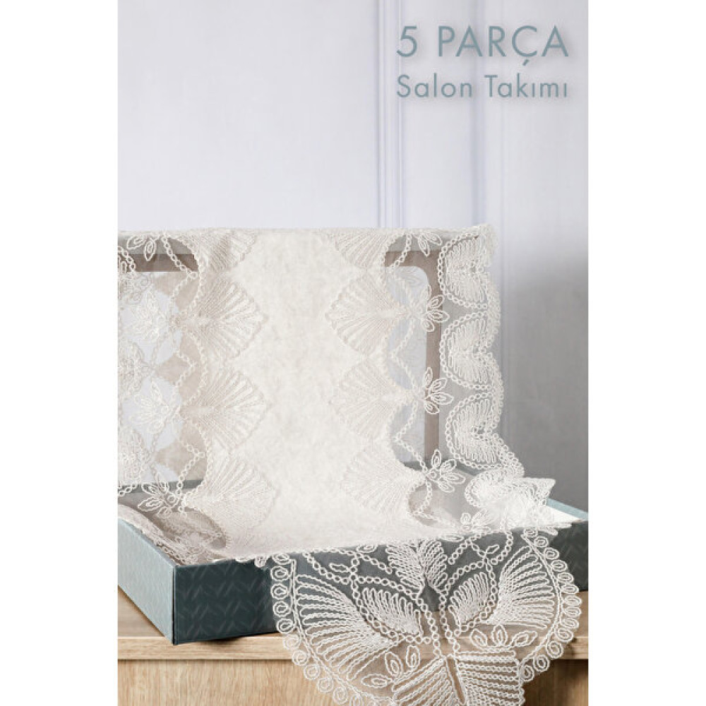 Favora Avangart Kadife Fransız Güpürlü 5 Parça Salon Takımı - Ekru - 45 x 130 cm Masa Örtüsü Fiyatı