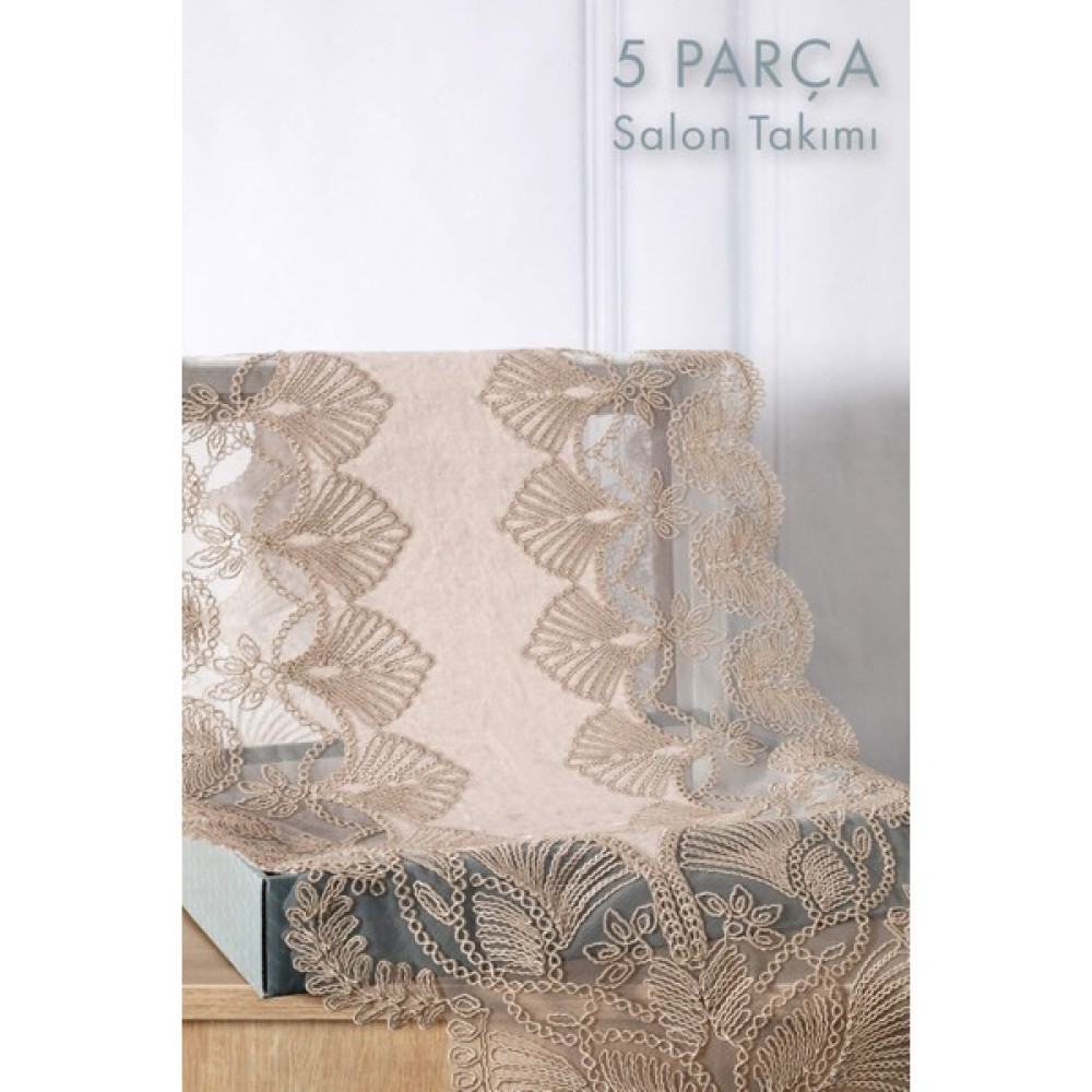 Favora Avangart Kadife Fransız Güpürlü 5 Parça Salon Takımı - Vizon - 45 x 130 cm Masa Örtüsü Fiyatı