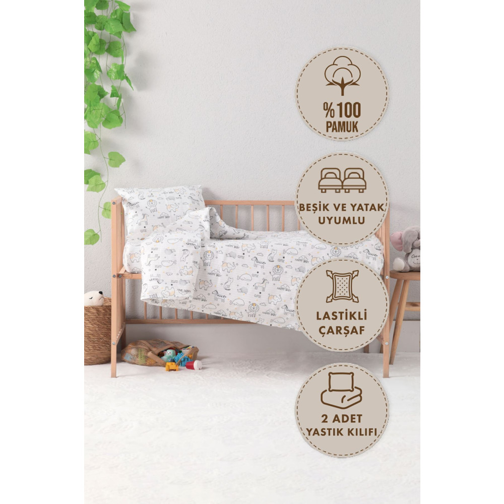 FAVORA Baby %100 Pamuk Happy Bebek Nevresim Takımı - Beyaz Bebek Nevresim Takımı Fiyatı