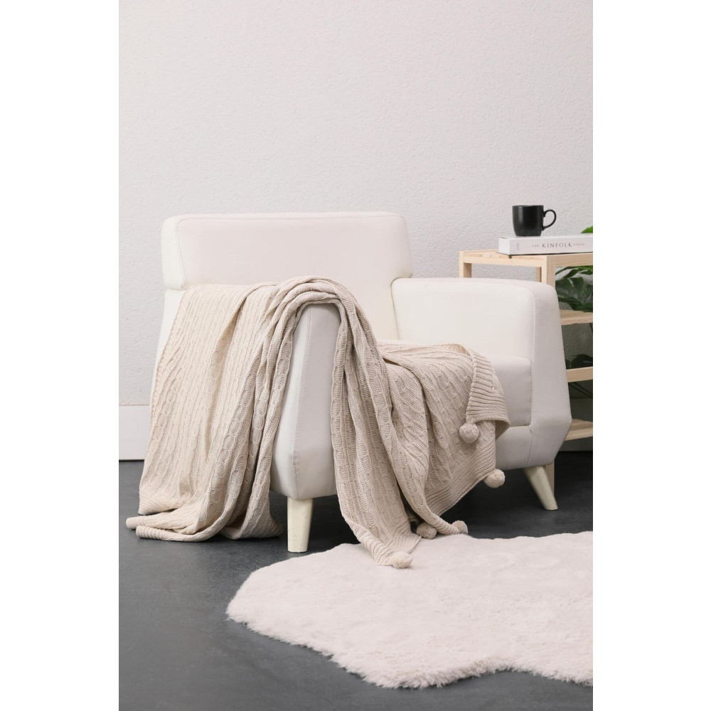 FAVORA Biocotton Triko Ponponlu Örgü Tv Battaniyesi - Bej 130 x 170 Beden Battaniye Fiyatı