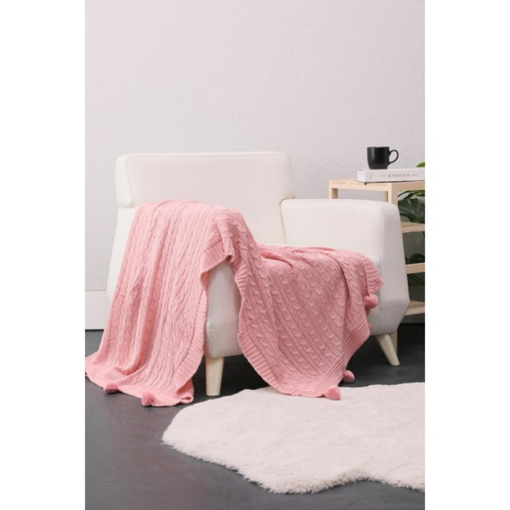 Favora Biocotton Triko Ponponlu Örgü Tv Battaniyesi - Pudra - 130 x 170 cm Battaniye Fiyatı
