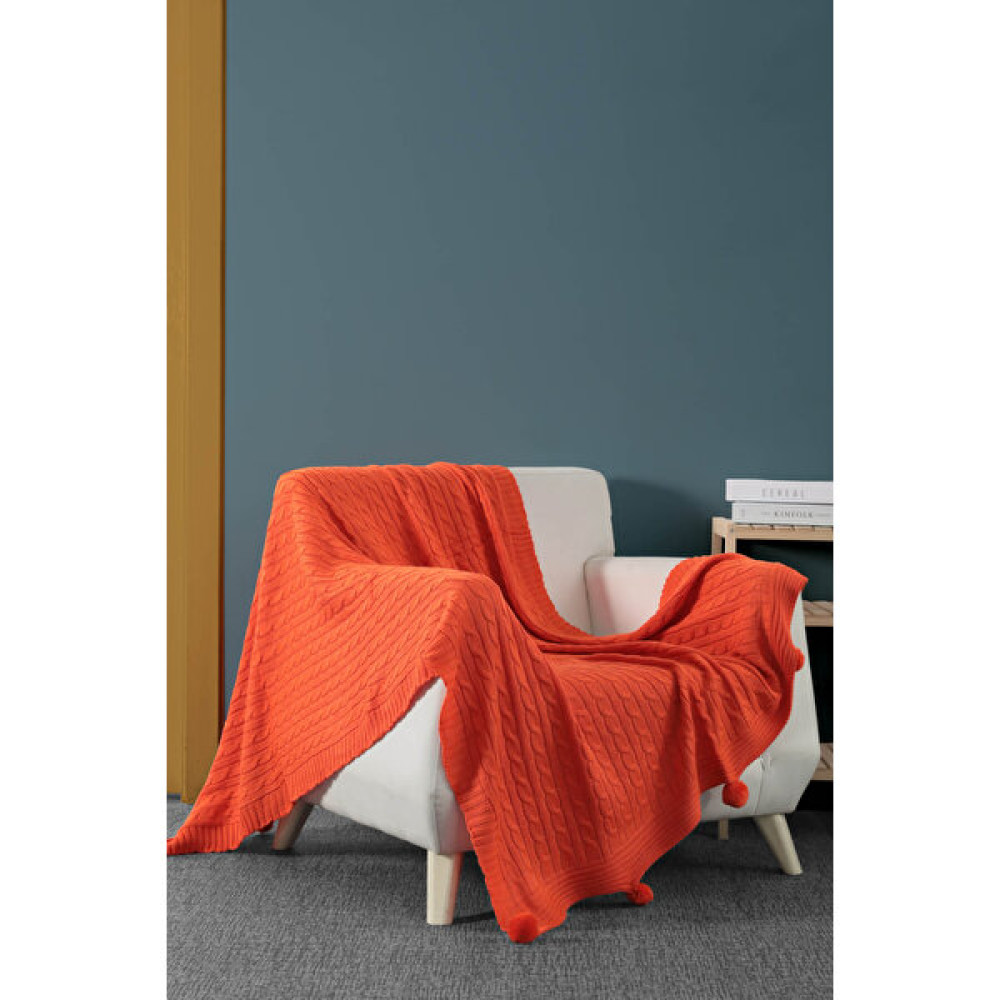 Favora Biocotton Triko Ponponlu Örgü Tv Battaniyesi - Turuncu - 130 x 170 cm Battaniye Fiyatı