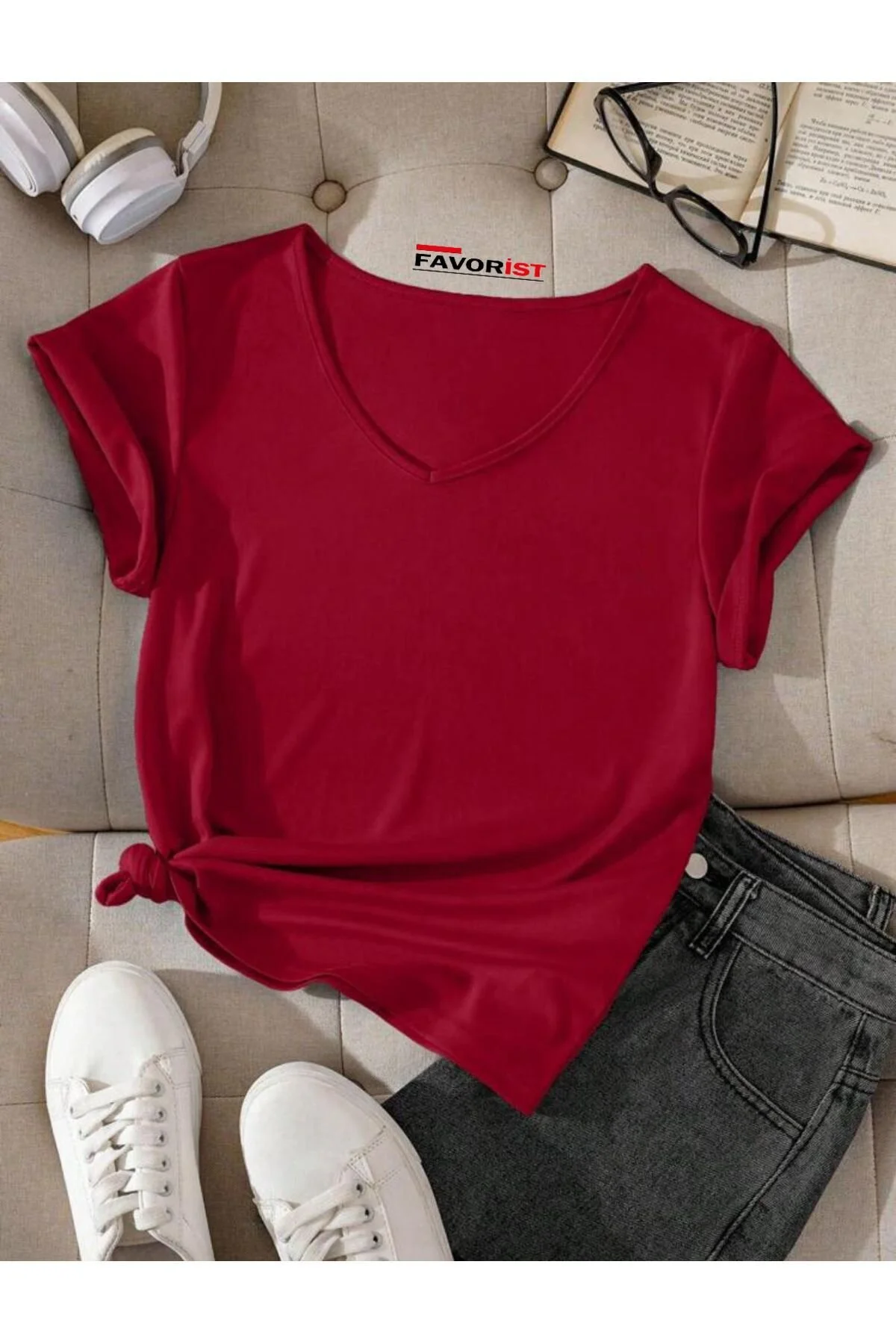 FAVORİST V Yaka (düz Desensiz) Basic Giy Çık Pamuklu Tshirt S Beden" Bayan T-shirt Fiyatı