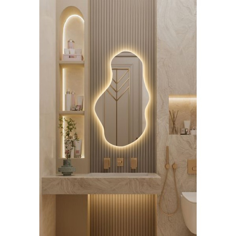 Faw Decor LED Işıklı Asimetrik Model Dekoratif Duvar Aynası, Modern Eşsiz Ayna, Ayna Duvar Dekorasyon Ürünü - Sarı - 35x70 cm Ayna Fiyatı
