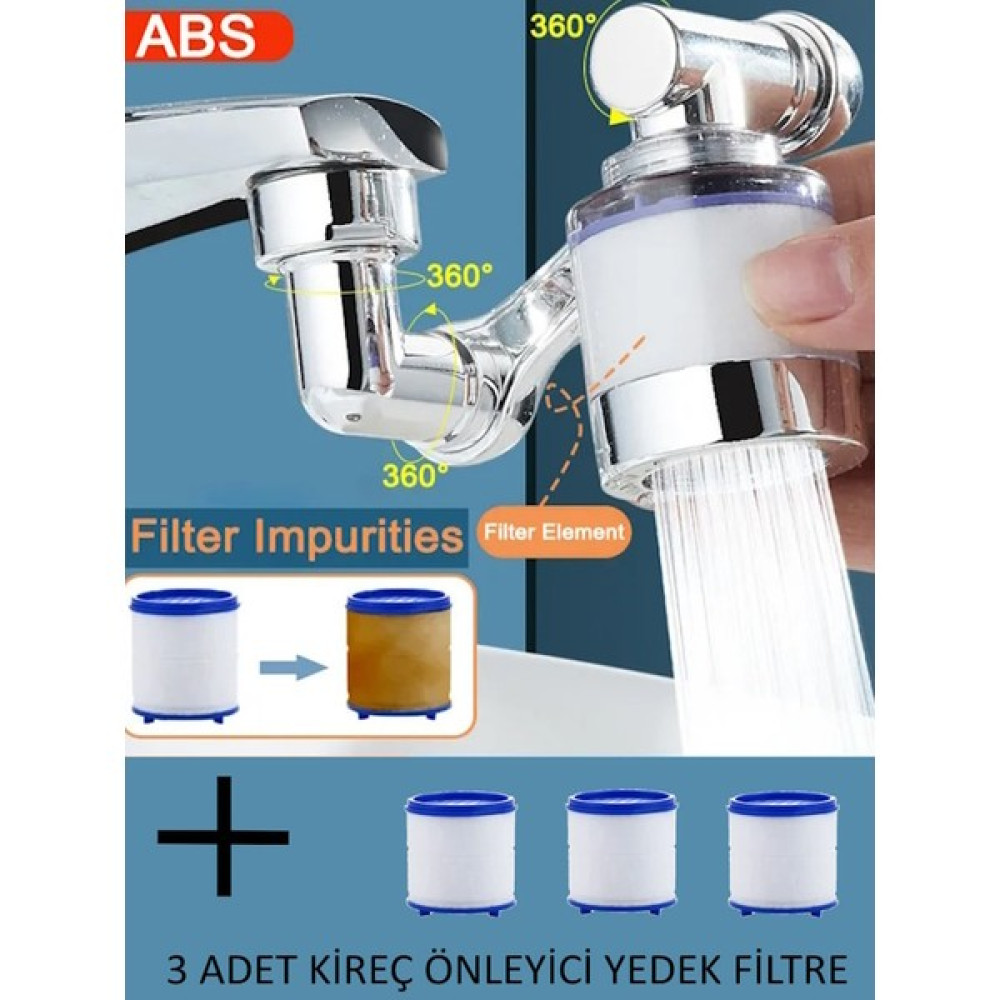 FAWER Faucet & Shower Filtreli 1080 Derece Dönebilen Musluk Başlığı Mutfak ve Lavaboya Uyumlu 3 Adet Yedek Filtreli - Krom Musluklar Fiyatı