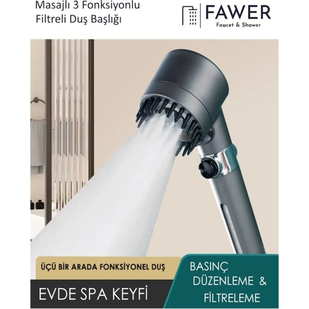 FAWER Faucet & Shower Filtreli 3 Fonksiyonlu Yüksek Basınçlı Taraklı Start Stop Gri Banyo Duş Başlığı Duş Başlığı Fiyatı