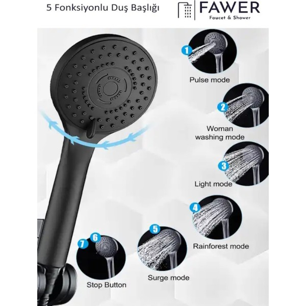 FAWER Faucet & Shower Full Siyah 5 Fonksiyonlu El Duşu - 408DB Duş Başlığı Fiyatı
