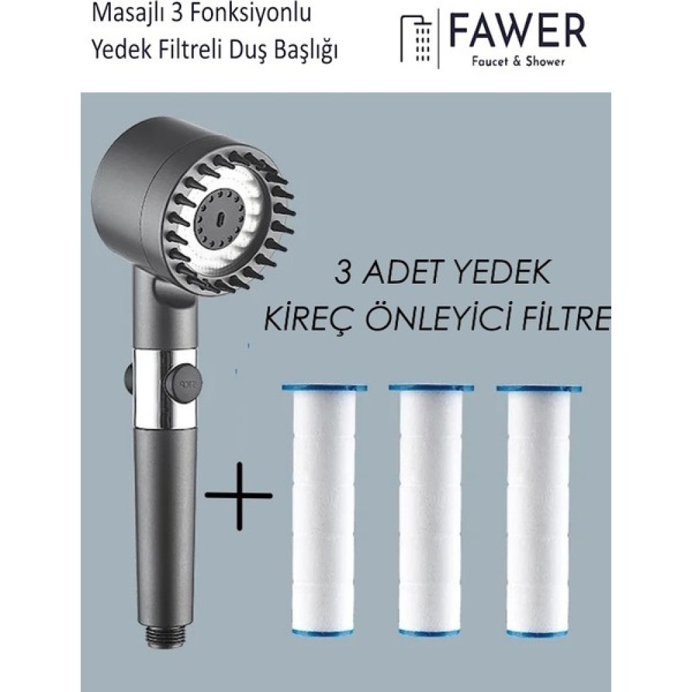 FAWER Faucet & Shower Masajlı 3 Fonksiyonlu Filtreli Antrasit El Duşu ve Yedek 3 Adet Filtre Duş Başlığı Fiyatı