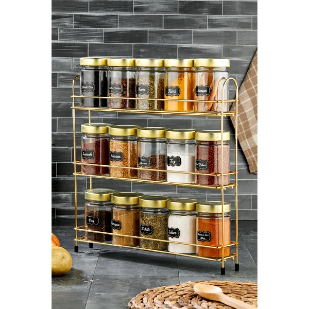 Fbz Home 3 Katlı Gold Büyük Metal Standlı 15'li Cam Baharatlık Seti 350 ml Etiketli Kavanoz Takımı Baharat Setleri & Baharatlıklar Fiyatı