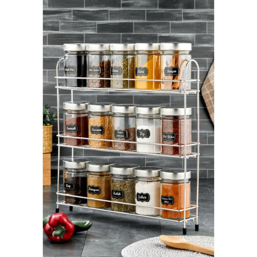 Fbz Home 3 Katlı Gümüş Büyük Metal Standlı 15'li Cam Baharatlık Seti 350 ml Etiketli Kavanoz Takımı Baharat Setleri & Baharatlıklar Fiyatı