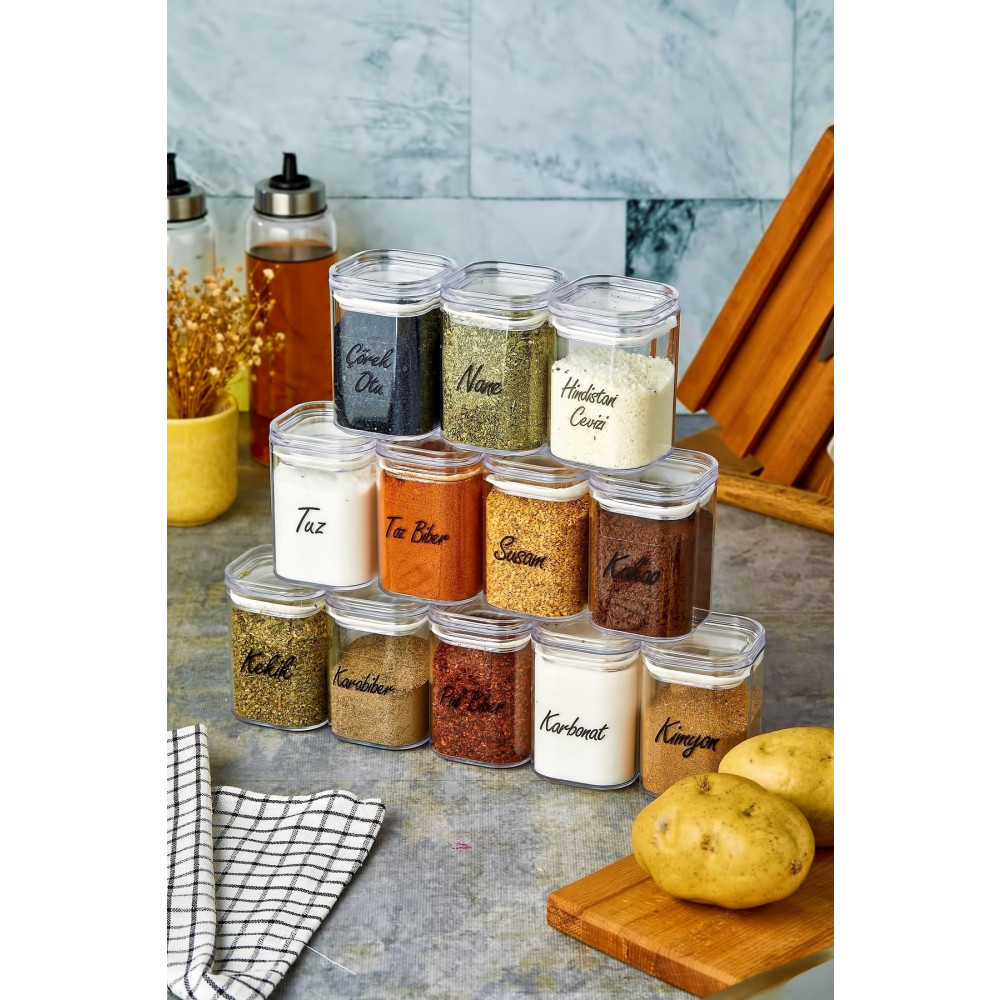 FBZhome 12li 200 ml Şeffaf Etiketli Akrilik Baharatlık Seti Baharat Setleri & Baharatlıklar Fiyatı