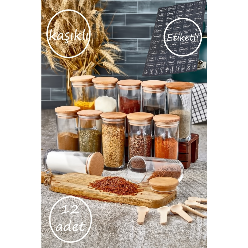 FBZhome 12li Ahşap Kapaklı Baharatlık 300 ml Ve 12 Adet Ölçü Kaşığı Baharat Setleri & Baharatlıklar Fiyatı