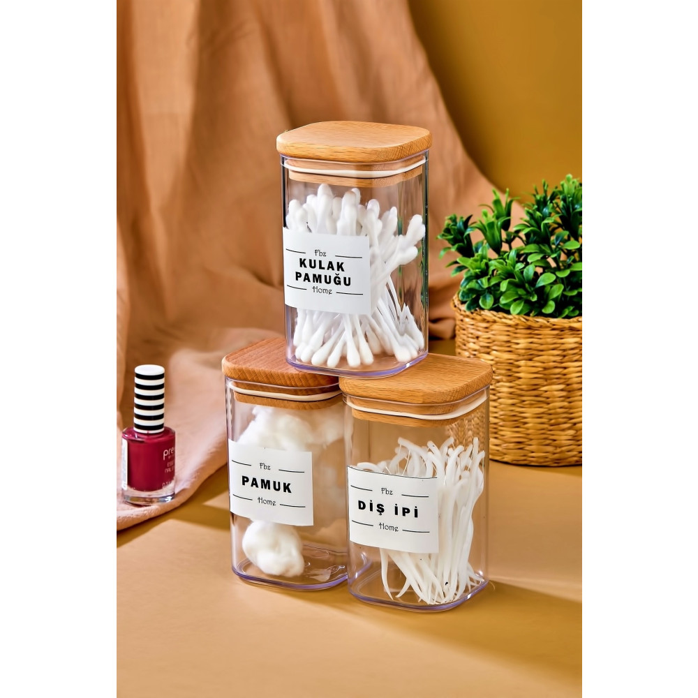 FBZhome 3lü Ahşap Kapaklı Akrilik Kulak Pamuğu & Pamuk & Diş Ipi Organizeri 250 Ml Banyo Seti Banyo Aksesuarları Fiyatı