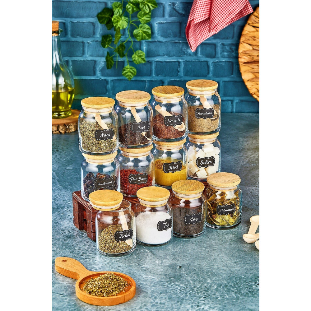 FBZhome Etiketli Bambu Kapaklı 300 ml 12 Adet Kavanoz Ve 12 Adet Mini Baharat Kaşığı - 24 Parça Baharat Seti Baharat Setleri & Baharatlıklar Fiyatı