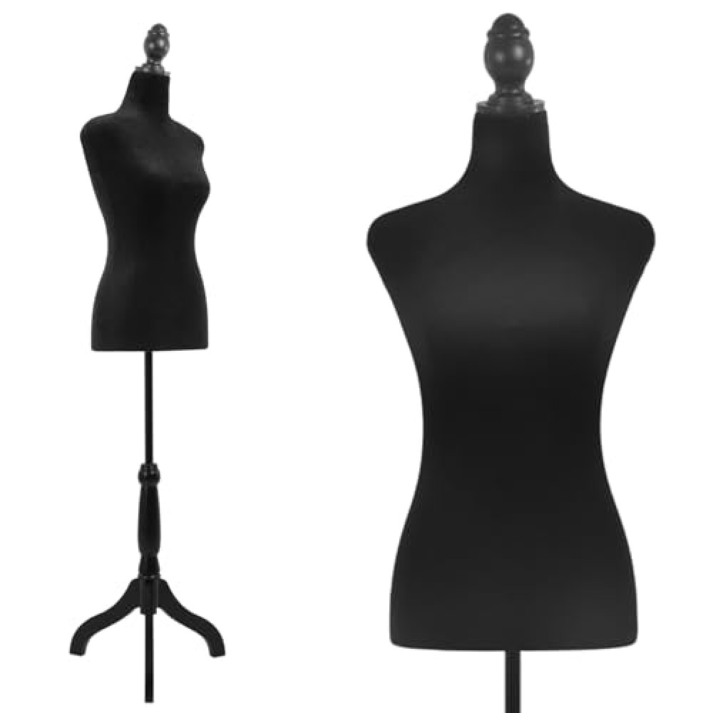 FDW Female Mannequin Body 50-63 inch Dress Form Sewing Mannequin Torso Manikin with Wooden Tripod Base Stand Adjustable Mannequin for Sewing Clothes Display (Black, 50-63 Inches)