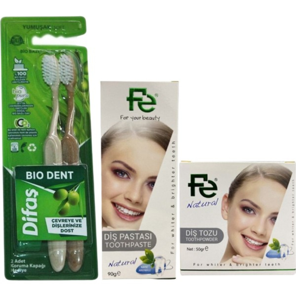 Fe Natural (Nane) Diş Pastası 90 Gr Natural (Nane) Diş Tozu 50 Gr + Difaş Bio Dent Bio Bazlı 2'Li Diş Fırçası Yumuşak Oto Boyaları Fiyatı