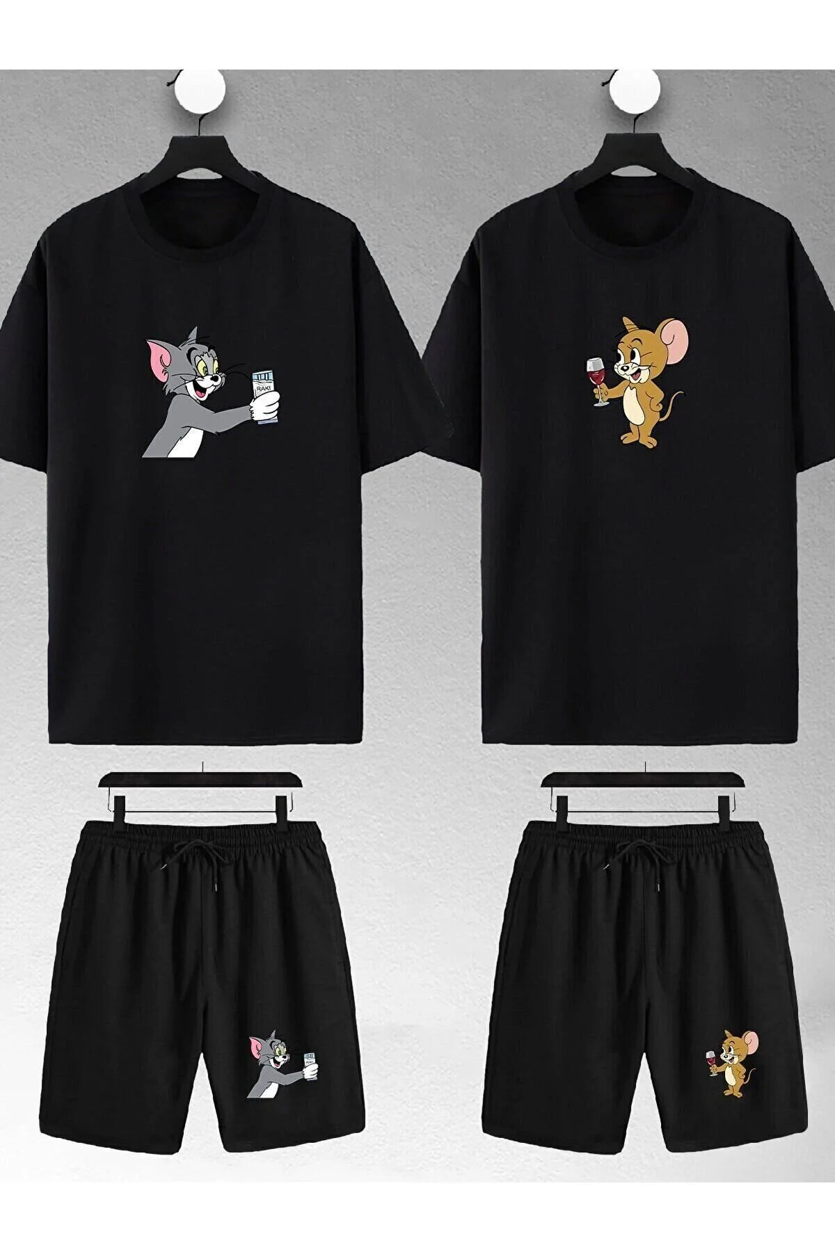 FECCY Unisex Tom Ve Jerry Baskılı Sevgili Çift Kombini Oversize Tshirt Ve Şort L Beden" Kadın Giyim Fiyatı