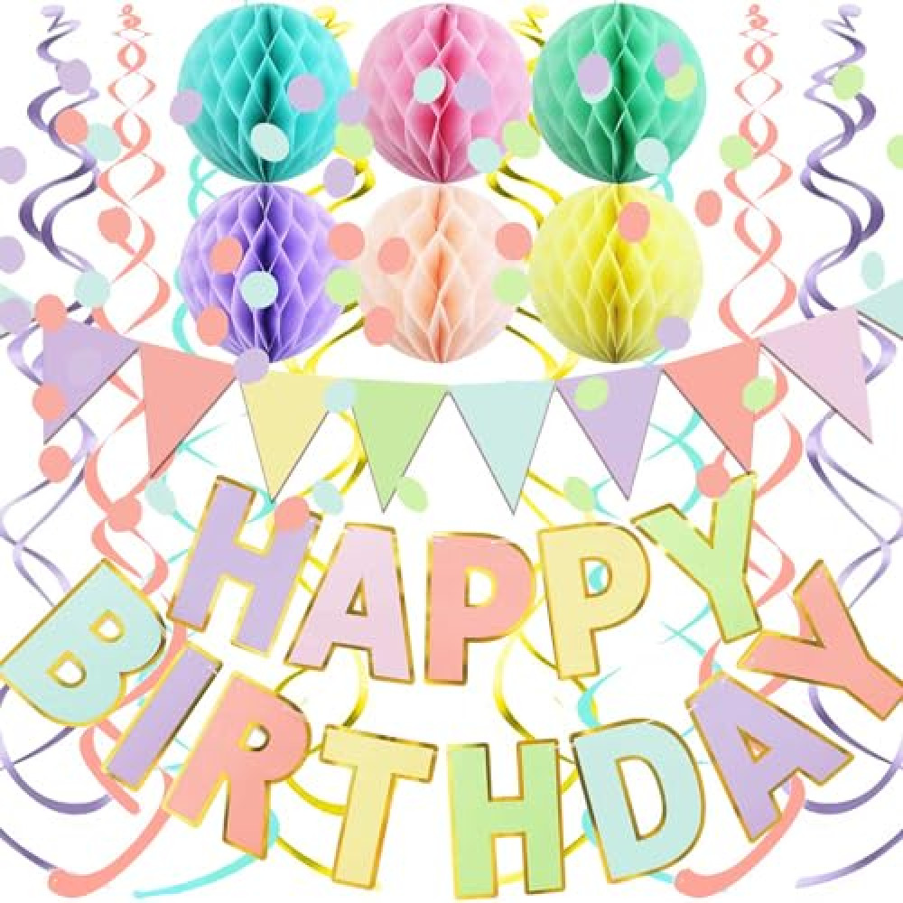 Fecedy Macaron Superlarge Alphabet Happy Birthday Banner Colorful Flag Bunting Circle Confetti Garland Swirl Streamers Honeycomb Ball for Birthday Party Decorations