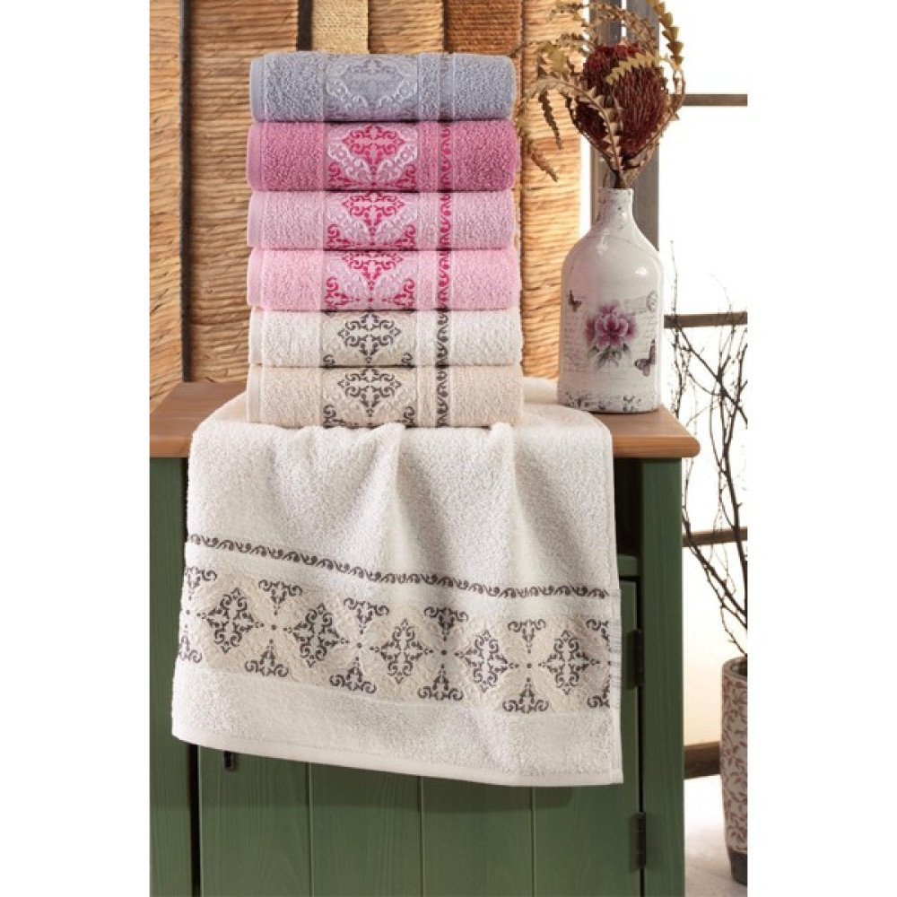 Feel Damask 50 x 90 cm 6 Lı Antibakteriyel El Ve Yüz Havlusu | Pamuklu - 50 x 90 cm - Krem - Gri - Pembe El / Yüz Havlusu Fiyatı