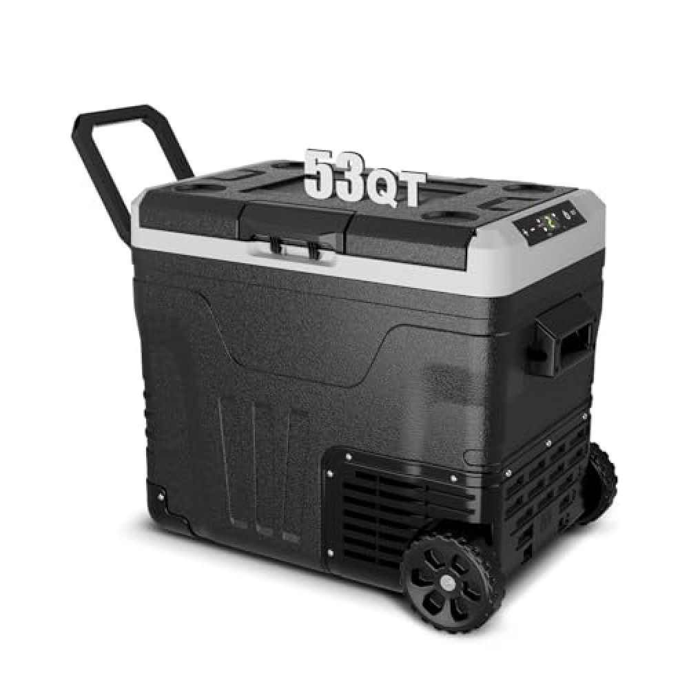 Feelfunn Car Fridge Portable 12 Volt Refrigerator - 53 Quart(50L) Electric Cooler with 12/24V DC&110-240V AC for Truck Van RV Camper SUV, 12v Cooler with Wheels for Camping Boat Travel, -4~68°F