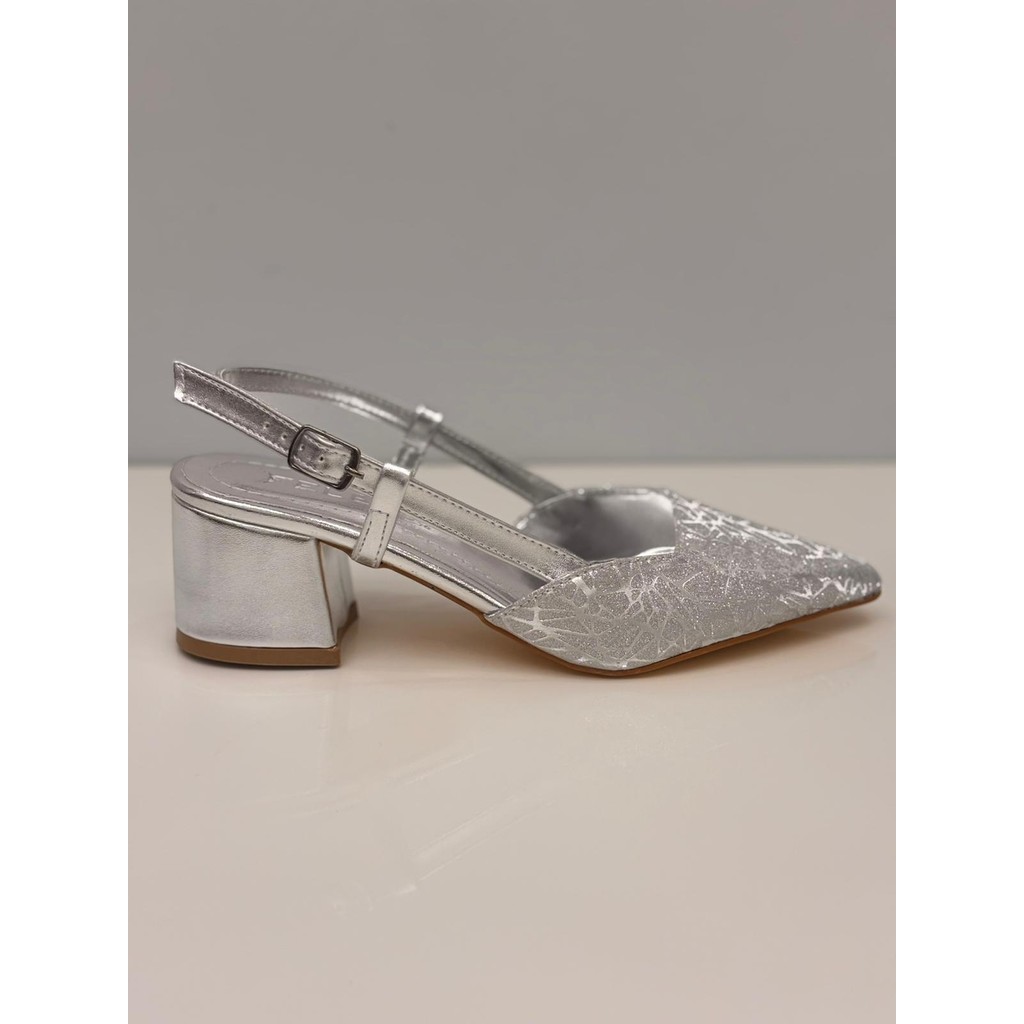 Feles Kadın Gümüş Topuklu Ayakkabı Kalın Topuklu Arkası Açık Stiletto - 5 cm Topuk - Podeia Estilo Ayakkabılar ve Çantalar Fiyatı