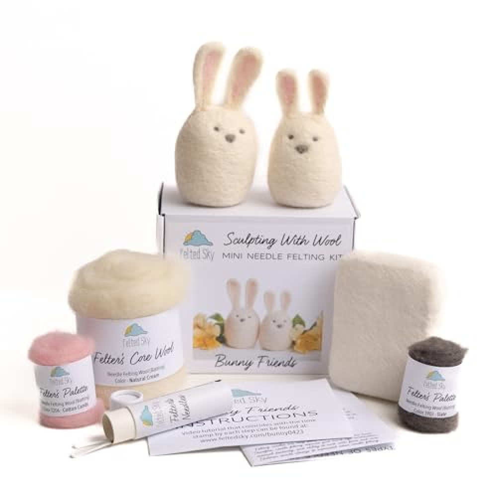 Felted Sky Bunny Friends Needle Felting Kit Learn How to Sculpt with Wool | Beginner Friendly for Adults and Teens | Includes Everything to Create 2 Easter Rabbits | Has Video Instructions