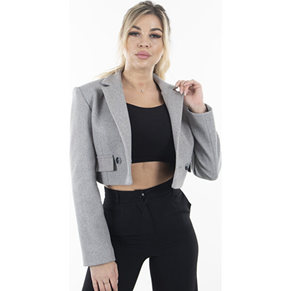 Feminist Gri Kruvaze Yaka Kaşe Crop Astarlı Blazer Ceket 0105125.06 Bayan Ceket Fiyatı