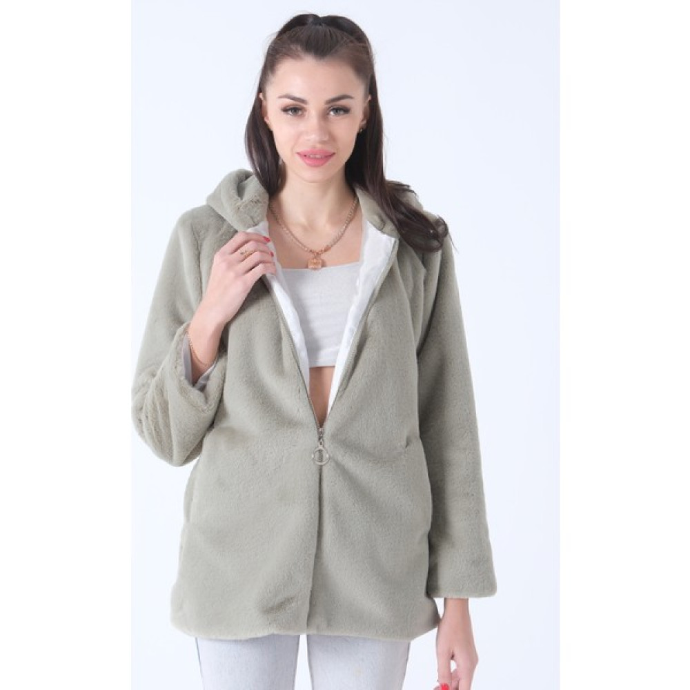 Feminist Mint Fermuarlı Oversize Kapüşonlu Çift Cepli Peluş Mont 0108078.27 Bayan Mont Fiyatı