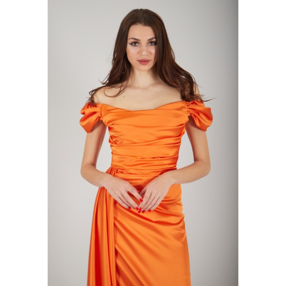 Feminist Oranj Drape Detaylı Saten Kumaş Abiye Elbise 9704858.24 Elbise Fiyatı